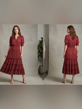 Elie Tahari Burgundy Tiered Midi Dress with Puff Sleeves